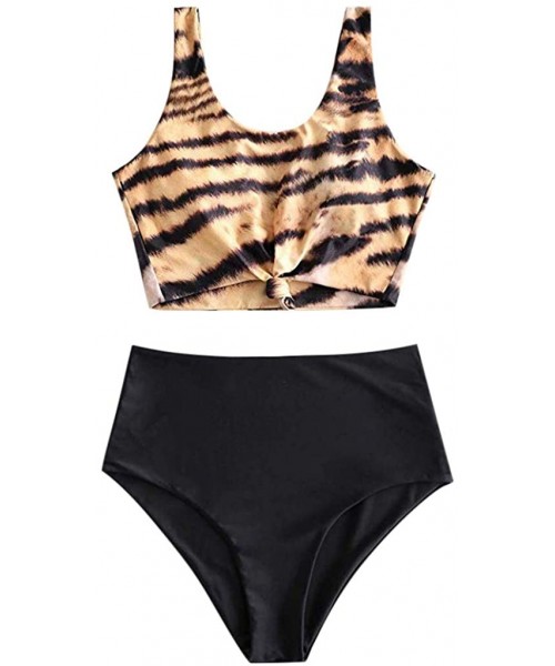 Sets Scoop Neck Tropical Leaf/Animal Print Knotted Bikini Tank Top Two Pieces Tankini Set Swimsuit - Yellow - C7194Q2U3ES