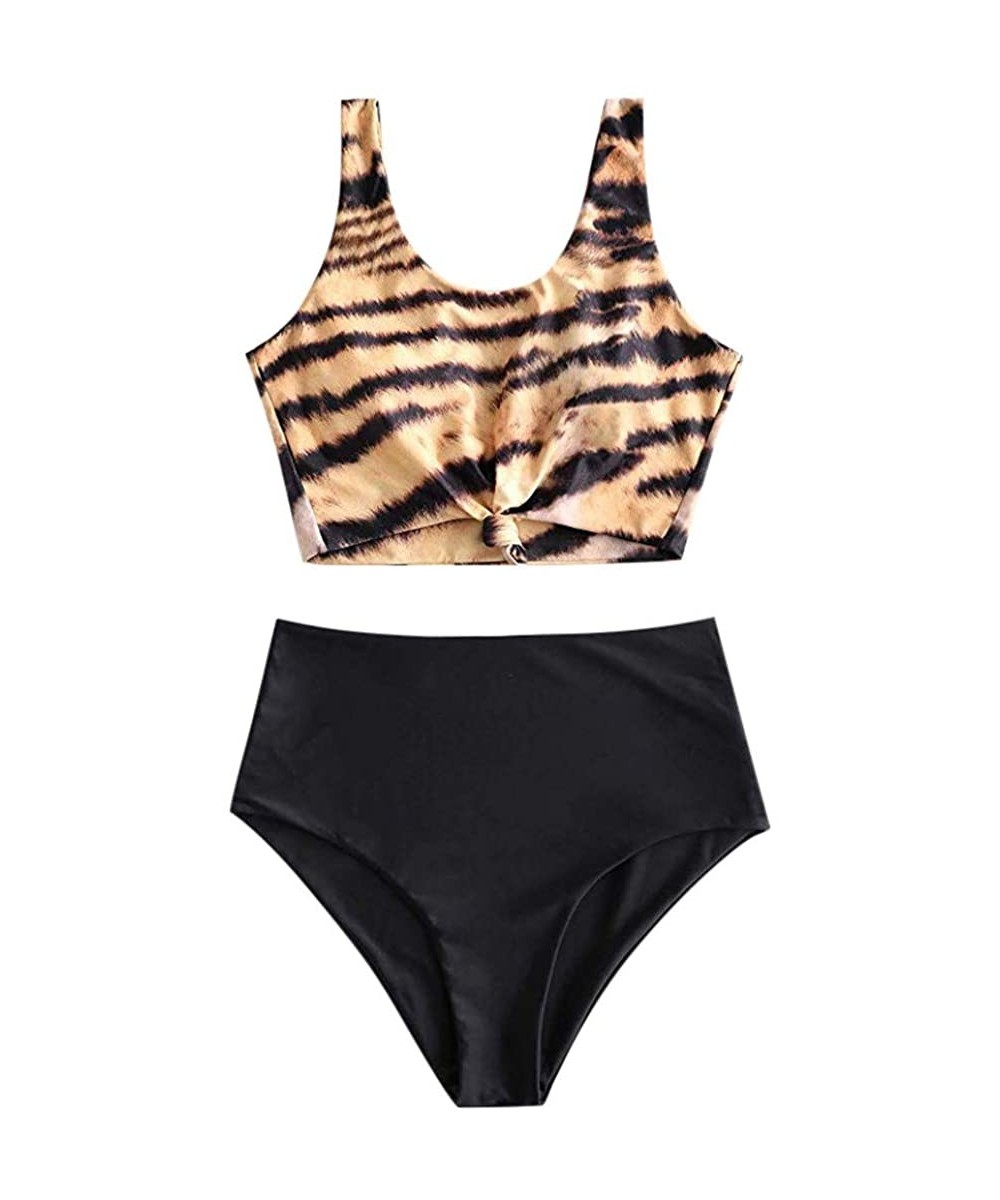 Sets Scoop Neck Tropical Leaf/Animal Print Knotted Bikini Tank Top Two Pieces Tankini Set Swimsuit - Yellow - C7194Q2U3ES