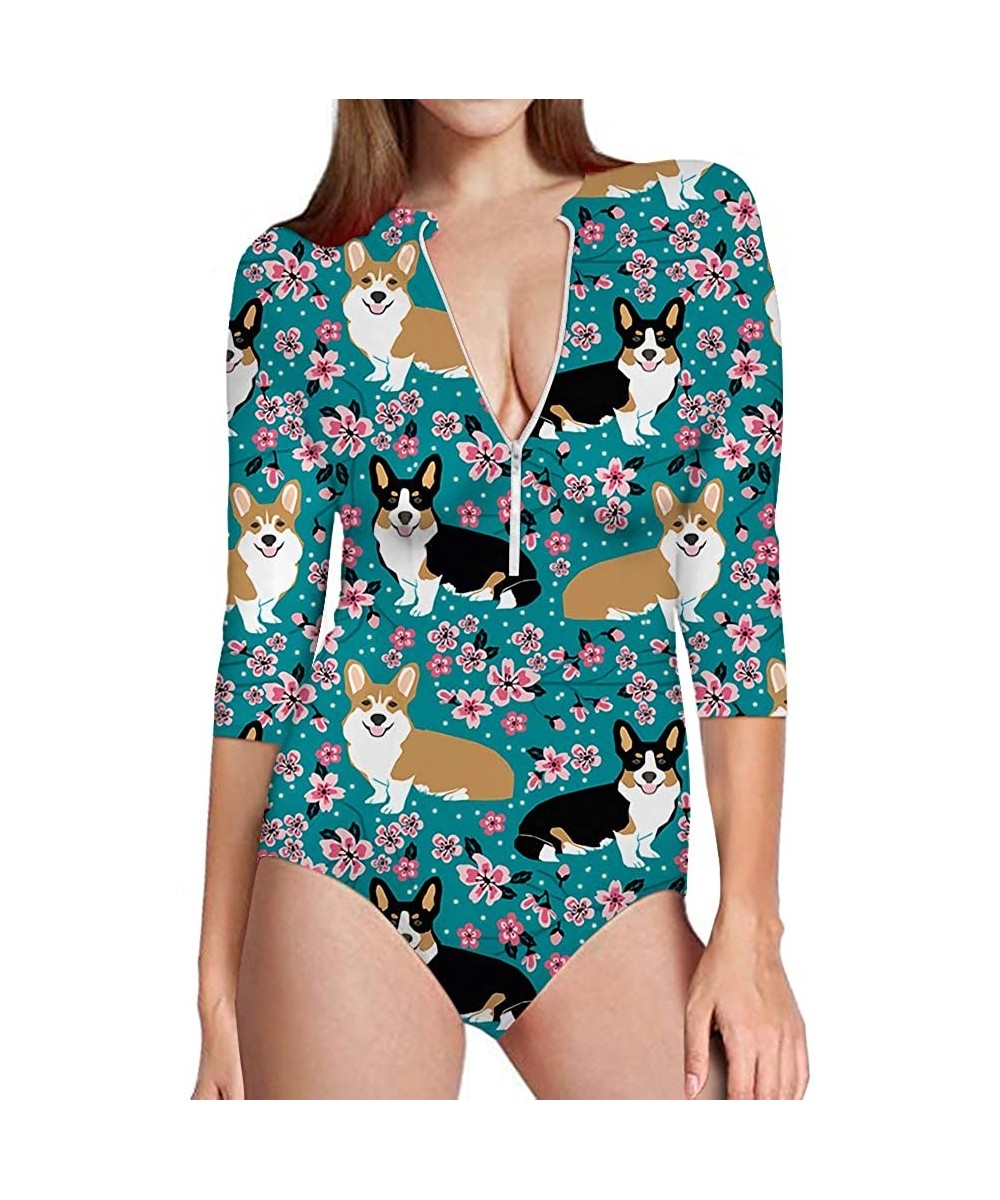 One-Pieces Womens One Piece Swimsuit Zip Front Printed 3/4 Short Sleeve Rash Guard UPF 50++ Sun Protection Swimwear - Corgi -...