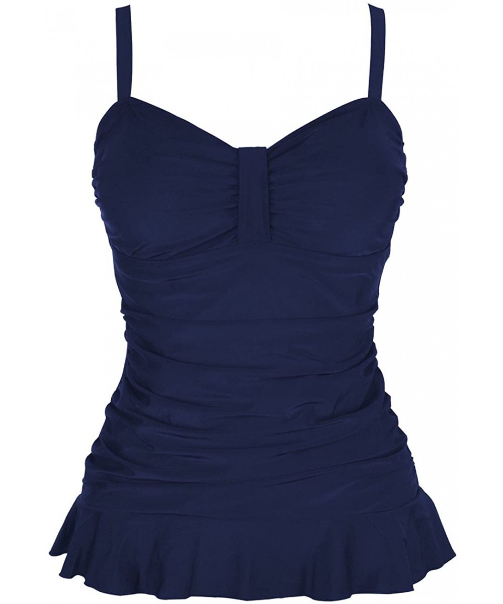 Tankinis Women's Swim Top Padded Ruffle Hem Shirred Swimwear Tankini Swimsuit Top - Navy - CZ184ROYY38