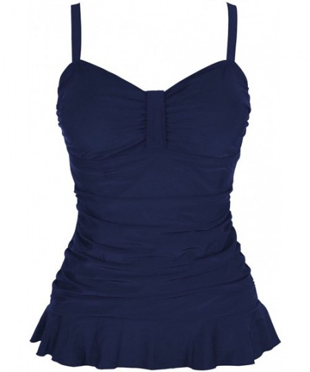 Tankinis Women's Swim Top Padded Ruffle Hem Shirred Swimwear Tankini Swimsuit Top - Navy - CZ184ROYY38