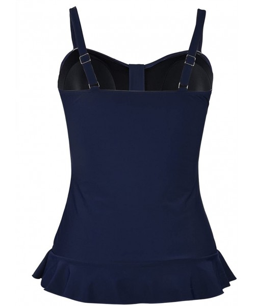 Tankinis Women's Swim Top Padded Ruffle Hem Shirred Swimwear Tankini Swimsuit Top - Navy - CZ184ROYY38