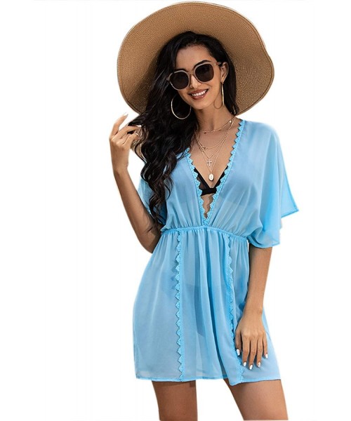 Cover-Ups Women's Bathing Suit Chiffon Swimsuit Sexy Bikini Cover Ups Beachwear - Blue - C8194OOXRTQ