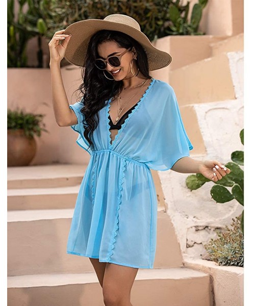 Cover-Ups Women's Bathing Suit Chiffon Swimsuit Sexy Bikini Cover Ups Beachwear - Blue - C8194OOXRTQ