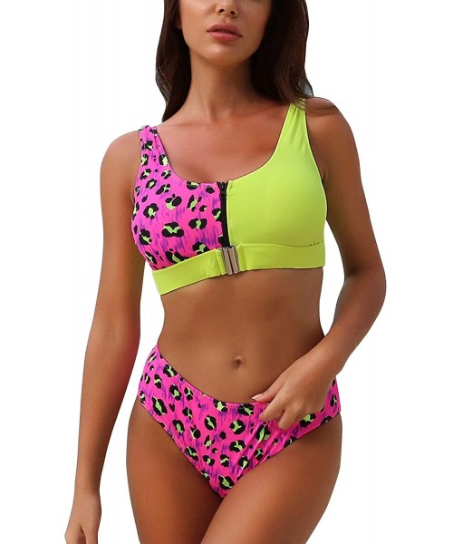 Tankinis Women's Leopard Bikini Set Padded Tank Top Buckle Front Low Back Two Piece Swimsuit - Yellow - C519998DA43