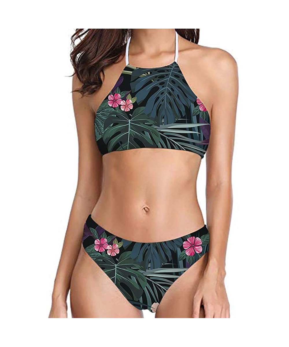 Sets Women Printed High Neck Bikini Tie Back Swimsuit 2 Piece Bathing Suit High Leg Cut - Tropical Leaf - 2024 - CL18QMC0604