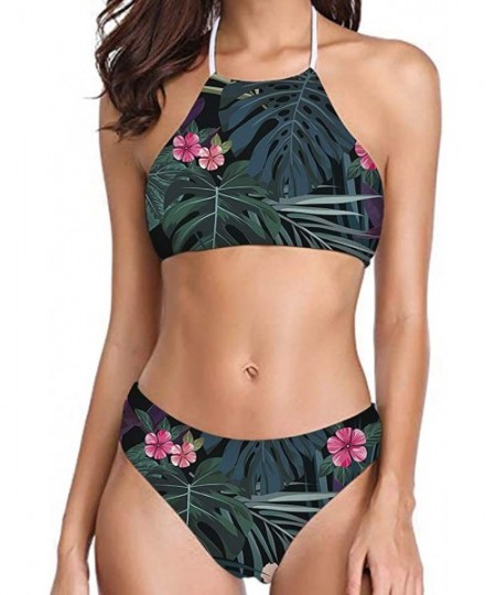 Sets Women Printed High Neck Bikini Tie Back Swimsuit 2 Piece Bathing Suit High Leg Cut - Tropical Leaf - 2024 - CL18QMC0604