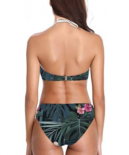 Sets Women Printed High Neck Bikini Tie Back Swimsuit 2 Piece Bathing Suit High Leg Cut - Tropical Leaf - 2024 - CL18QMC0604