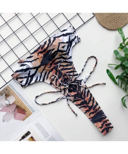 Racing Women's Retro Leopard Tiger Print One Piece Swimsuit High Cut Lace-up Bandeau Bikini Bathing Suit - Brown - CU1944YUK7G