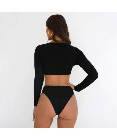 One-Pieces Women Rashguard Sexy Deep V Neck Cutout Long Sleeve One Piece Swimsuit Swimwear Bathing Suit - Black - CP18ORG7GYW