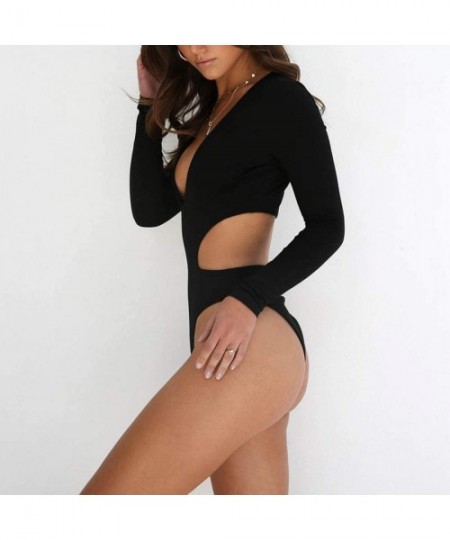 One-Pieces Women Rashguard Sexy Deep V Neck Cutout Long Sleeve One Piece Swimsuit Swimwear Bathing Suit - Black - CP18ORG7GYW