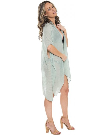 Cover-Ups Womens Summer Solid Crinkled Semi Sheer Open Front Beach Cover-up Kimono - Diagonal Crinkled Mint - CK196EEREKE