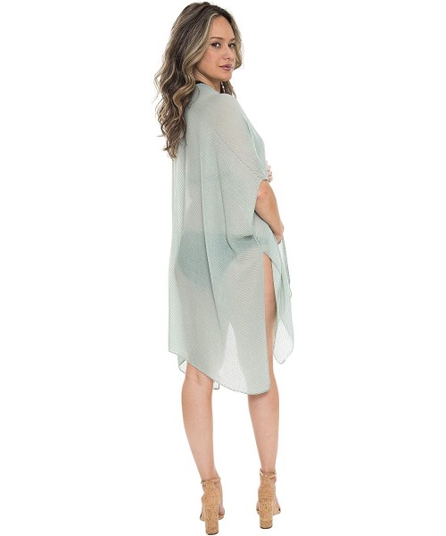 Cover-Ups Womens Summer Solid Crinkled Semi Sheer Open Front Beach Cover-up Kimono - Diagonal Crinkled Mint - CK196EEREKE