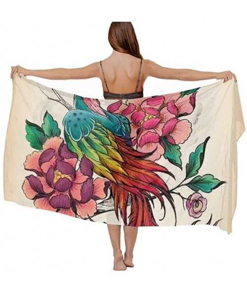 Cover-Ups Women Chiffon Scarf Shawl Wrap Sunscreen Beach Swimsuit Bikini Cover Up - Chinese Style Fire Phoenix Bird Flowers -...