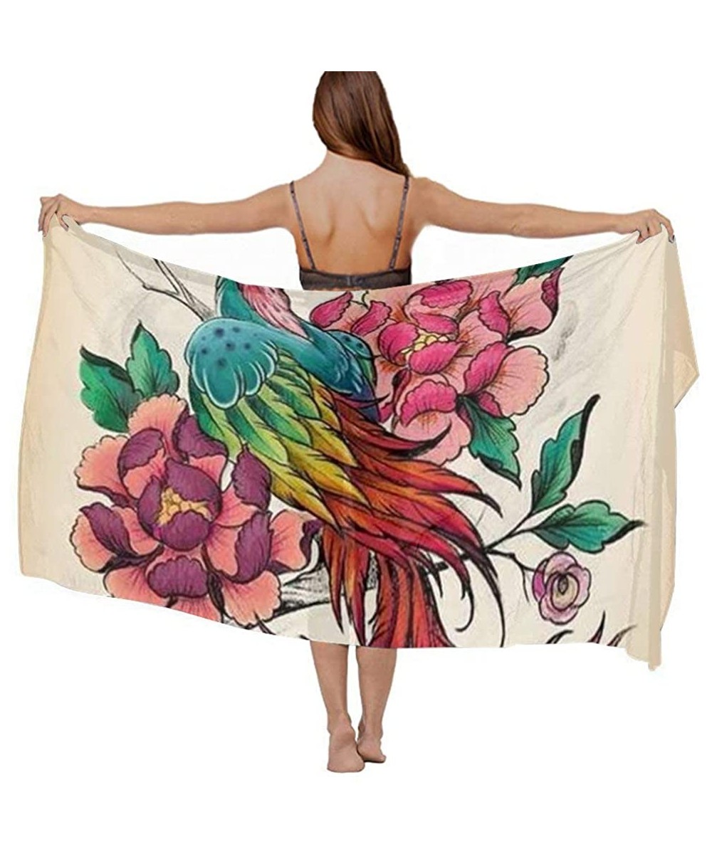 Cover-Ups Women Chiffon Scarf Shawl Wrap Sunscreen Beach Swimsuit Bikini Cover Up - Chinese Style Fire Phoenix Bird Flowers -...