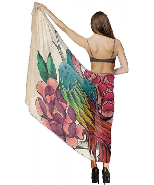 Cover-Ups Women Chiffon Scarf Shawl Wrap Sunscreen Beach Swimsuit Bikini Cover Up - Chinese Style Fire Phoenix Bird Flowers -...