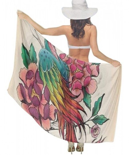 Cover-Ups Women Chiffon Scarf Shawl Wrap Sunscreen Beach Swimsuit Bikini Cover Up - Chinese Style Fire Phoenix Bird Flowers -...