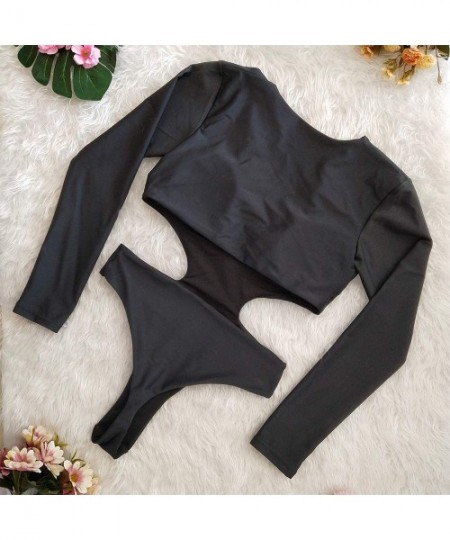 One-Pieces Women Rashguard Sexy Deep V Neck Cutout Long Sleeve One Piece Swimsuit Swimwear Bathing Suit - Black - CP18ORG7GYW