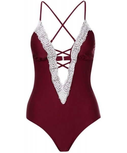 One-Pieces Women's One Piece Swimsuits Monikini Sexy Lace-up Tummy Control Halter Bathing Suit (Wine Red- XL) - Wine Red - C3...