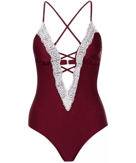 One-Pieces Women's One Piece Swimsuits Monikini Sexy Lace-up Tummy Control Halter Bathing Suit (Wine Red- XL) - Wine Red - C3...