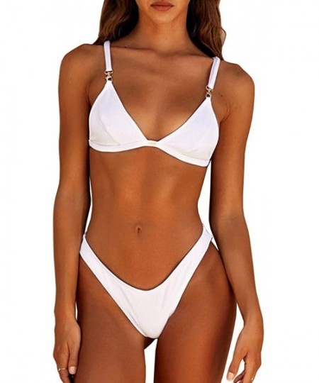 Sets Women's Ribbed Triangle Bikini High Cut Thong Bathing Swim Suits - White - C5194HH53ZK