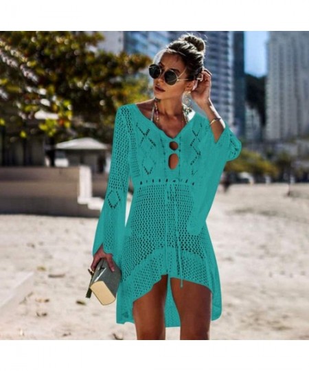 Cover-Ups Women Crochet Sunscreen Cover Up Bikini Swimwear Knit Beach Swimsuit Bandage - C018QQHILOT