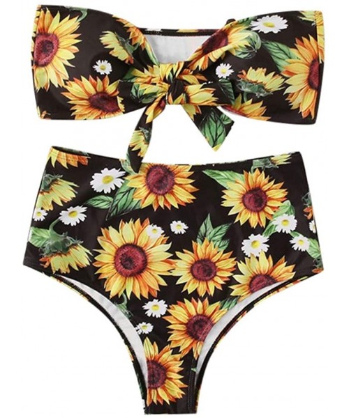 Sets Women's Sexy Floral Print Swimsuit Two Piece Bikini Bathing Bra High Waisted Beachwear Suit - A-black - C11954X7OOL