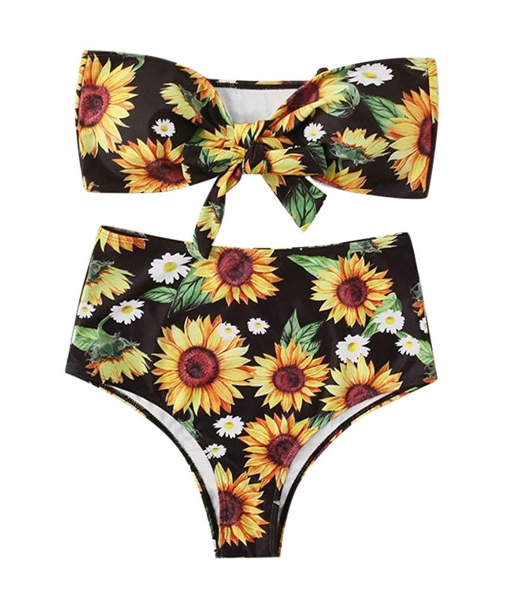 Sets Women's Sexy Floral Print Swimsuit Two Piece Bikini Bathing Bra High Waisted Beachwear Suit - A-black - C11954X7OOL