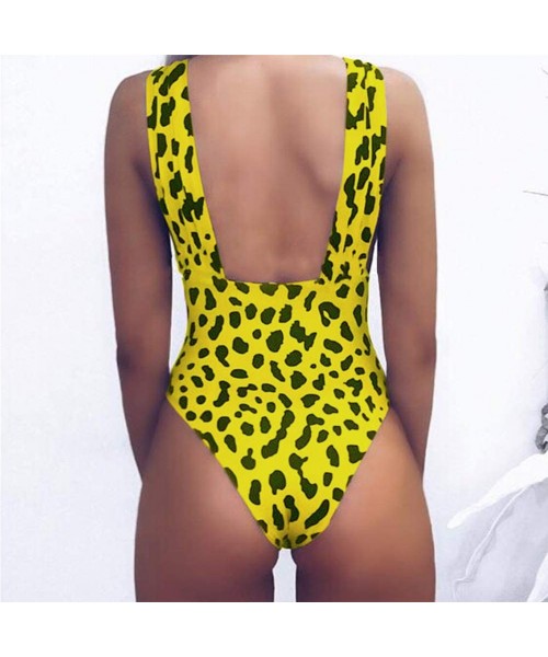 One-Pieces Women's Deep V Neck Leopard Backless Sleeveless Bikini One Piece Monokini Swimsuits Suits - Yellow - CP18R3YL0OG