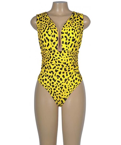 One-Pieces Women's Deep V Neck Leopard Backless Sleeveless Bikini One Piece Monokini Swimsuits Suits - Yellow - CP18R3YL0OG