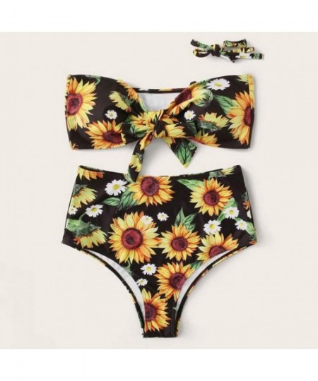 Sets Women's Sexy Floral Print Swimsuit Two Piece Bikini Bathing Bra High Waisted Beachwear Suit - A-black - C11954X7OOL