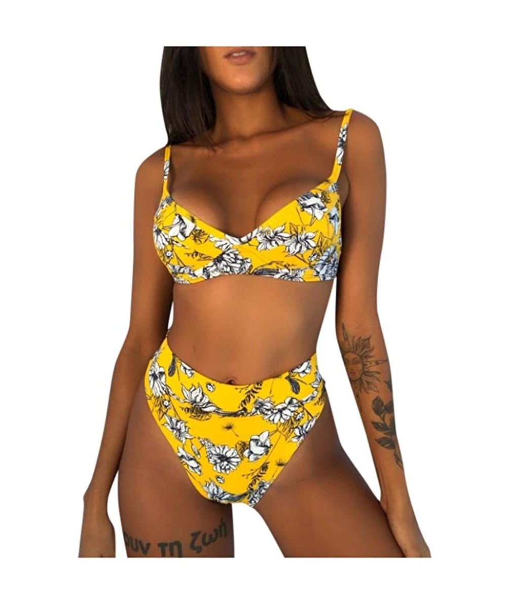 Sets Women Two Pieces Bathing Top Ruffled with High Waisted Bottom Bikini Set - Yellow - CL196543ZOH