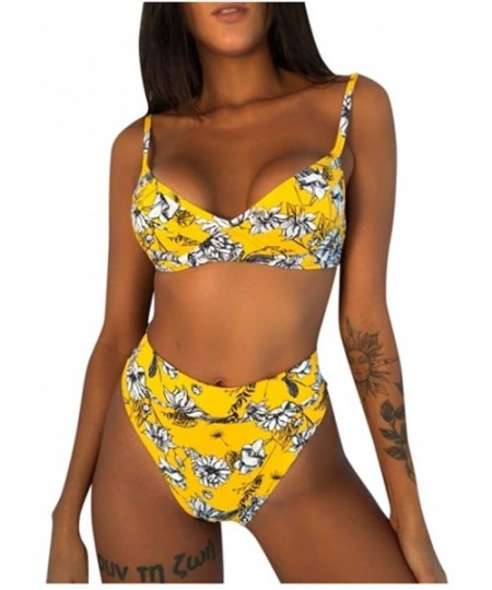 Sets Women Two Pieces Bathing Top Ruffled with High Waisted Bottom Bikini Set - Yellow - CL196543ZOH