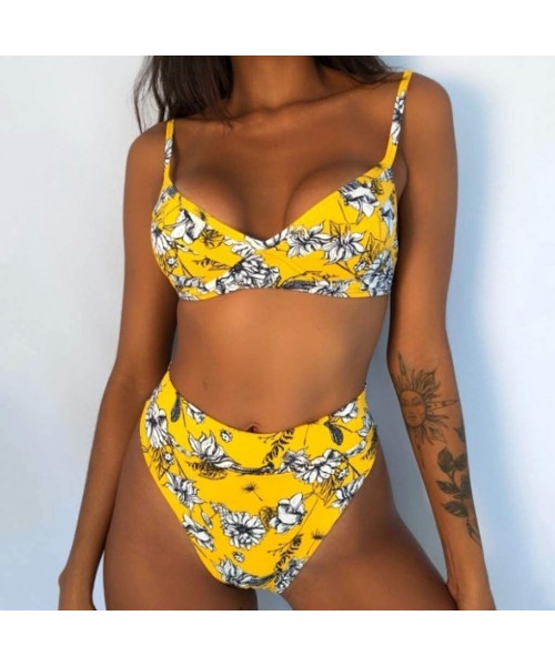 Sets Women Two Pieces Bathing Top Ruffled with High Waisted Bottom Bikini Set - Yellow - CL196543ZOH