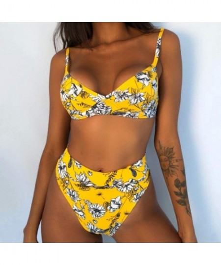 Sets Women Two Pieces Bathing Top Ruffled with High Waisted Bottom Bikini Set - Yellow - CL196543ZOH