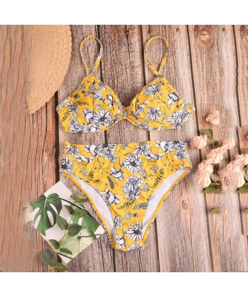 Sets Women Two Pieces Bathing Top Ruffled with High Waisted Bottom Bikini Set - Yellow - CL196543ZOH