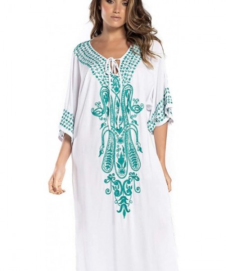 Cover-Ups Women Embroidery Short Sleeve Bikini Swimsuit Cover Up Side Split Beach Kaftan Dress - C-white - CW18RM8GMKU