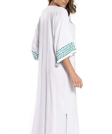 Cover-Ups Women Embroidery Short Sleeve Bikini Swimsuit Cover Up Side Split Beach Kaftan Dress - C-white - CW18RM8GMKU