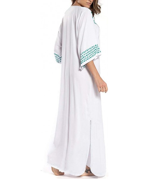 Cover-Ups Women Embroidery Short Sleeve Bikini Swimsuit Cover Up Side Split Beach Kaftan Dress - C-white - CW18RM8GMKU