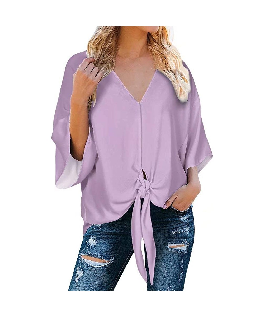 Cover-Ups Womens Deep V Neck Front Tie Knot Top Blouses Batwing Sleeve Loose Shirts - Lavender - CY19282KORO