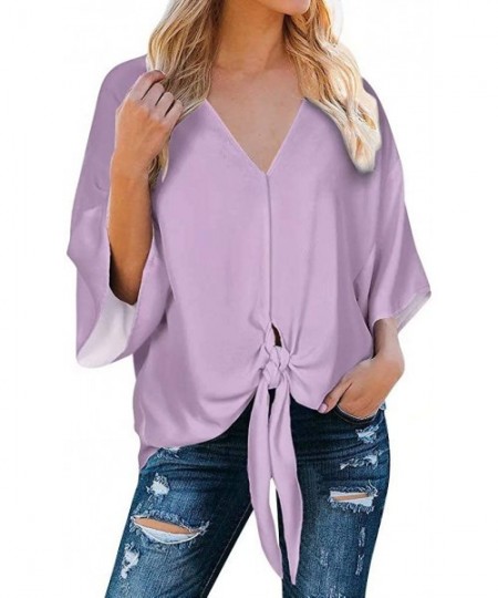 Cover-Ups Womens Deep V Neck Front Tie Knot Top Blouses Batwing Sleeve Loose Shirts - Lavender - CY19282KORO