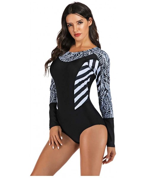 Rash Guards Women's One Piece Wetsuit Long Sleeve Zipper Up Swimsuit UV Protection Surfing Diving Swimwear - 02 Black Leaves ...