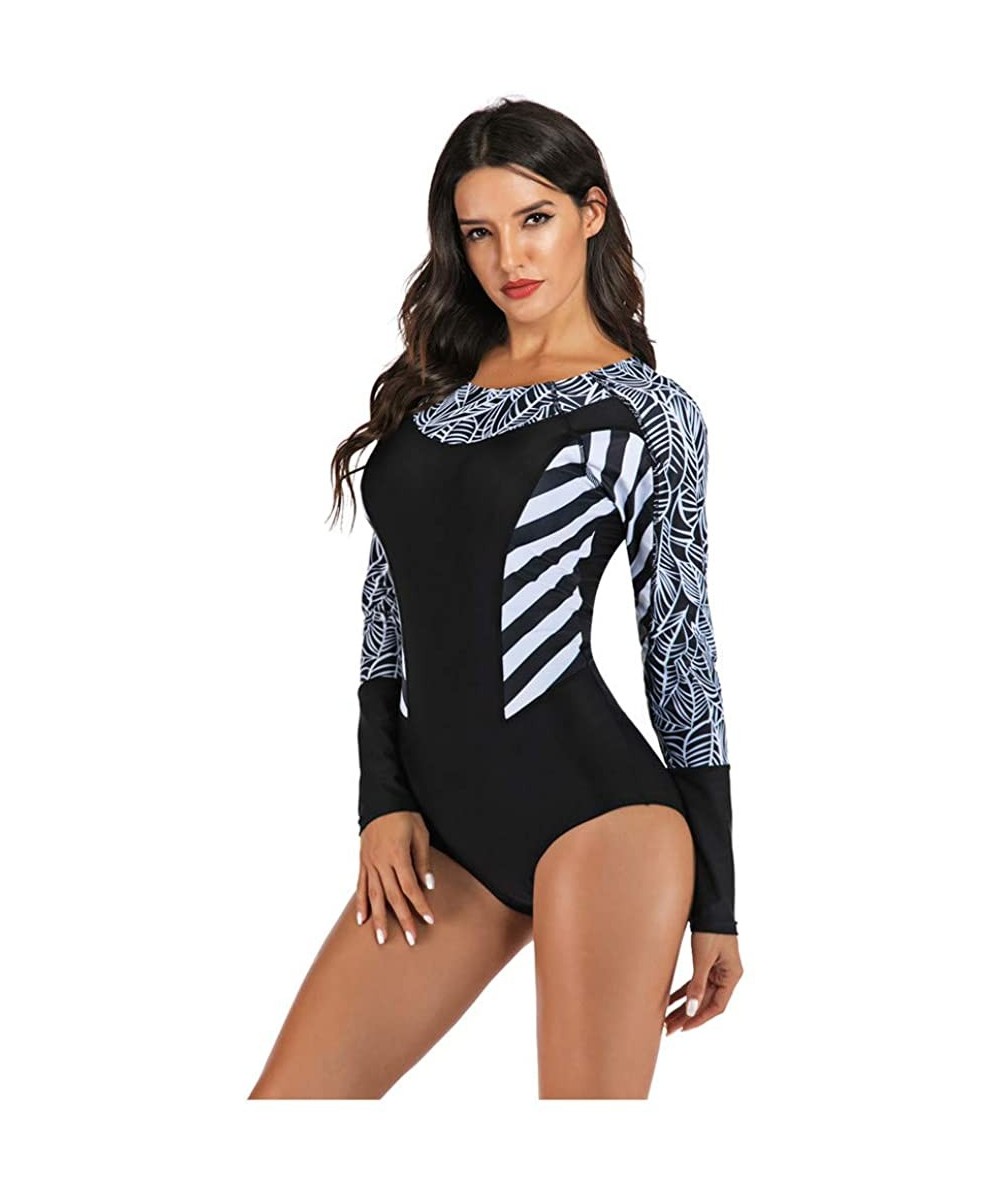 Rash Guards Women's One Piece Wetsuit Long Sleeve Zipper Up Swimsuit UV Protection Surfing Diving Swimwear - 02 Black Leaves ...