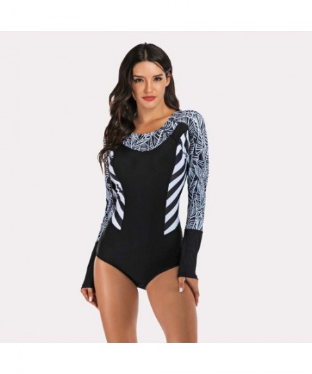 Rash Guards Women's One Piece Wetsuit Long Sleeve Zipper Up Swimsuit UV Protection Surfing Diving Swimwear - 02 Black Leaves ...