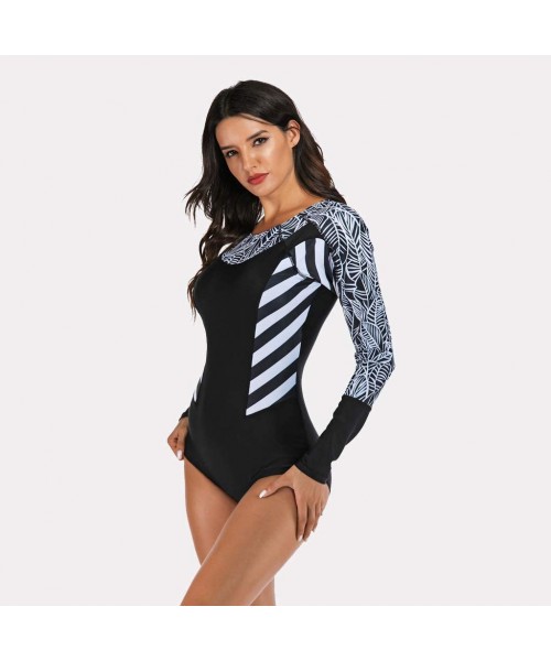 Rash Guards Women's One Piece Wetsuit Long Sleeve Zipper Up Swimsuit UV Protection Surfing Diving Swimwear - 02 Black Leaves ...