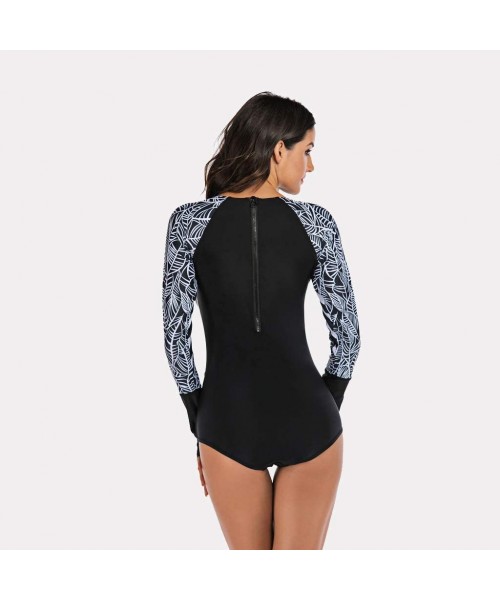 Rash Guards Women's One Piece Wetsuit Long Sleeve Zipper Up Swimsuit UV Protection Surfing Diving Swimwear - 02 Black Leaves ...