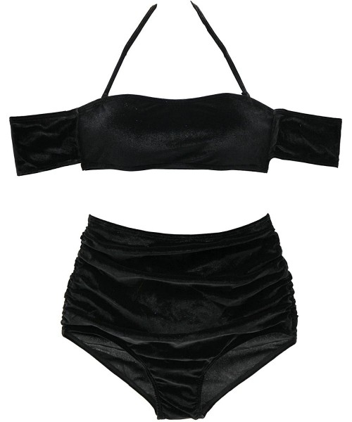 Sets Halter Velvet Thong Padded Bikini Set Swimwear Bathing Suit - H-black - CY183G3I92E