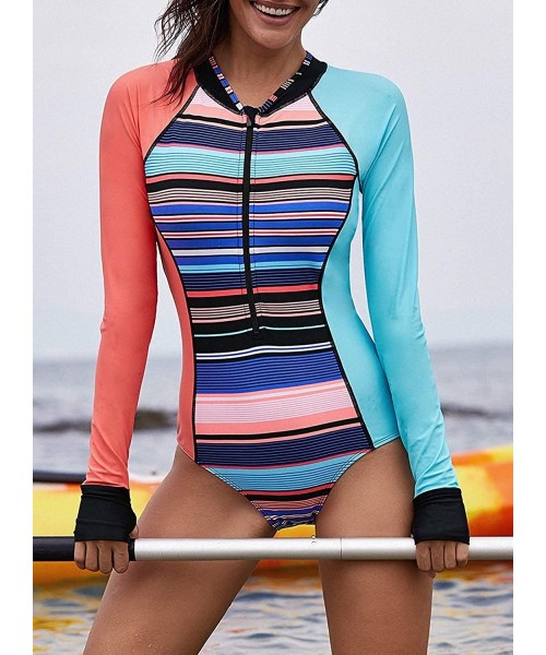 One-Pieces Womens Zip Front Printed Half Sleeve/Long Sleeve One Piece Swimsuit Swimwear - Y-multicoloured-979 - CP18QIRKTCL