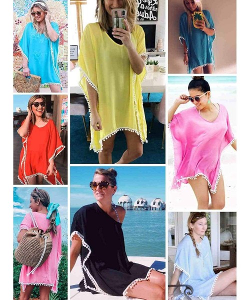 Cover-Ups Women's Pom Pom Trim Kaftan Chiffon Swimwear Beach Cover Up - 01_sky Blue - CC190HYEYRH