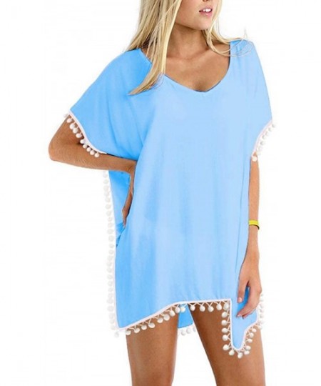 Cover-Ups Women's Pom Pom Trim Kaftan Chiffon Swimwear Beach Cover Up - 01_sky Blue - CC190HYEYRH